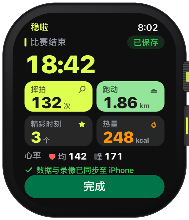 手表上的比赛总结：时长、挥拍、跑动、精彩时刻和心率